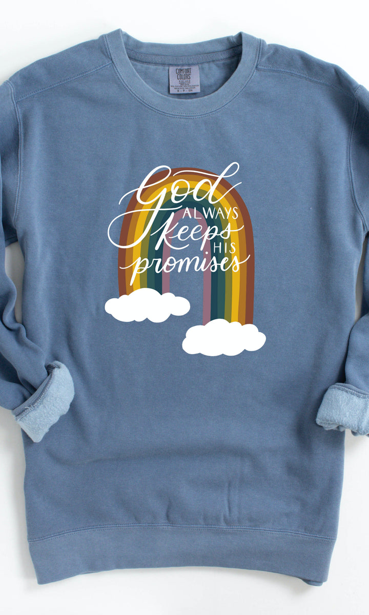 "God Always Keeps His Promises" Rainbow Crewneck Pullover