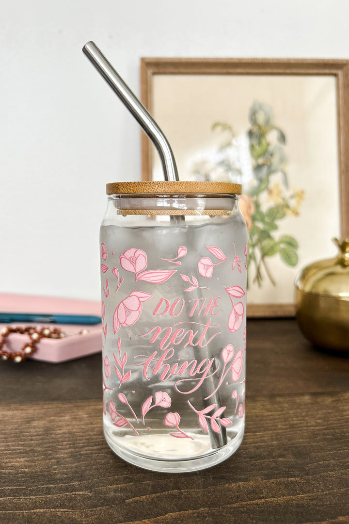 "Do the Next Thing" Floral Glass Can