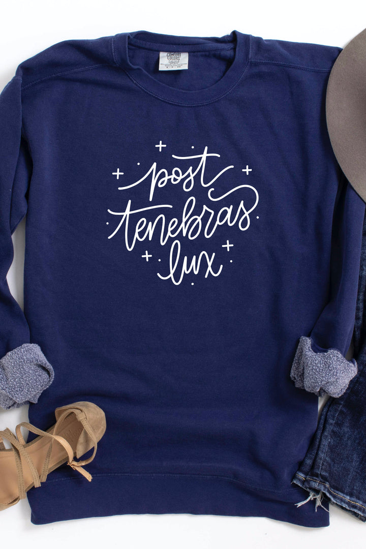 Whimsical "Post Tenebras Lux" Sparkly Crewneck Pullover