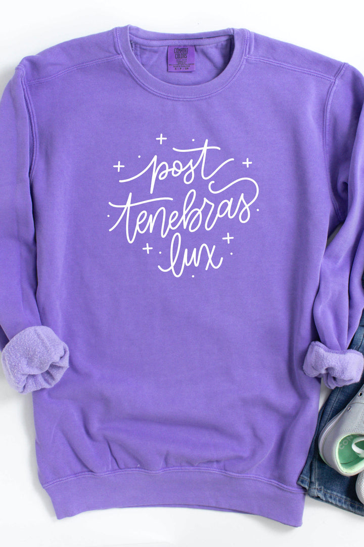 Whimsical "Post Tenebras Lux" Sparkly Crewneck Pullover