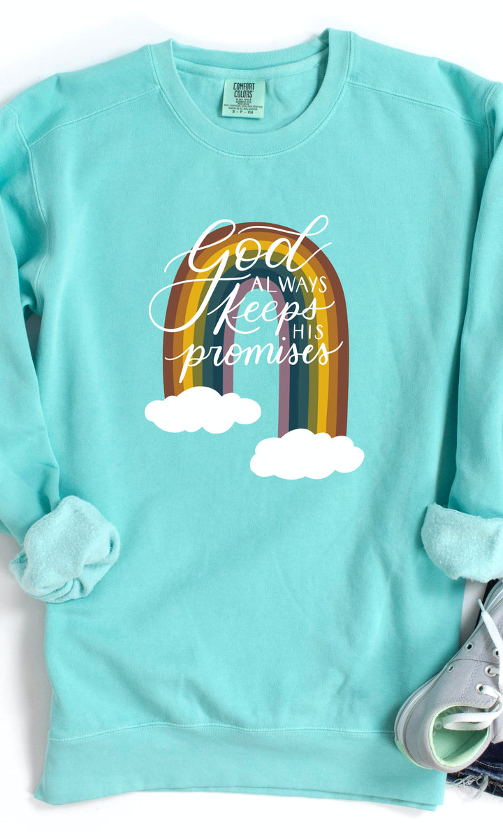 "God Always Keeps His Promises" Rainbow Crewneck Pullover