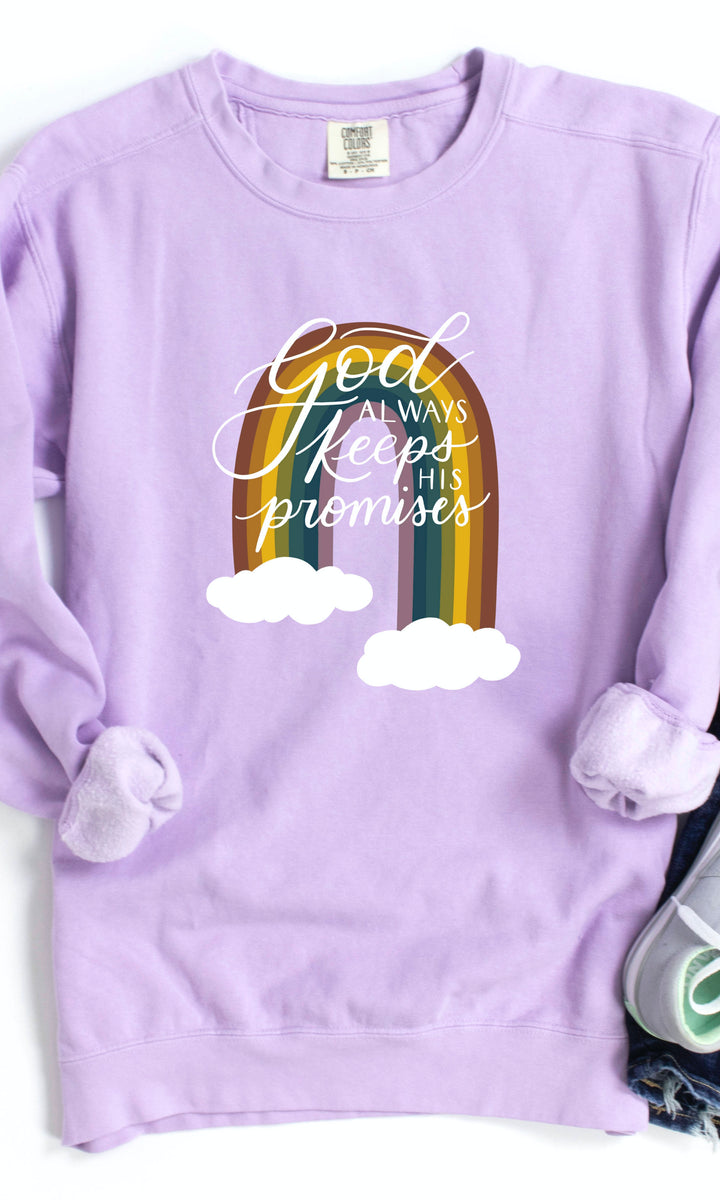 "God Always Keeps His Promises" Rainbow Crewneck Pullover