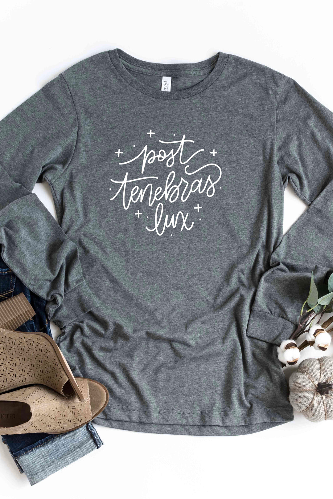 Whimsical "Post Tenebras Lux" Sparkly Long Sleeve Tee