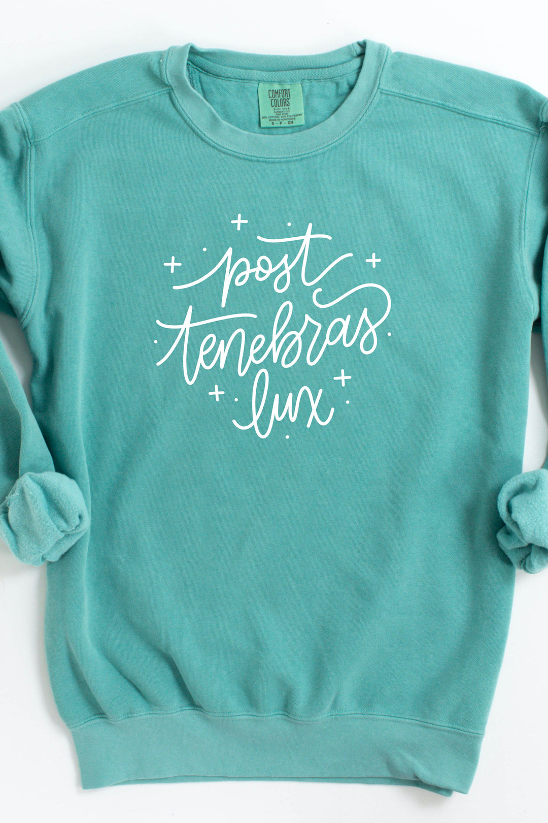 Whimsical "Post Tenebras Lux" Sparkly Crewneck Pullover